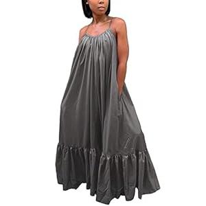 Women's Sexy Spaghetti Strap Sleeveless Ruffle Hem Bandage Oversized Club Beach Loose Long Maxi Swing Dress Dark Gray L