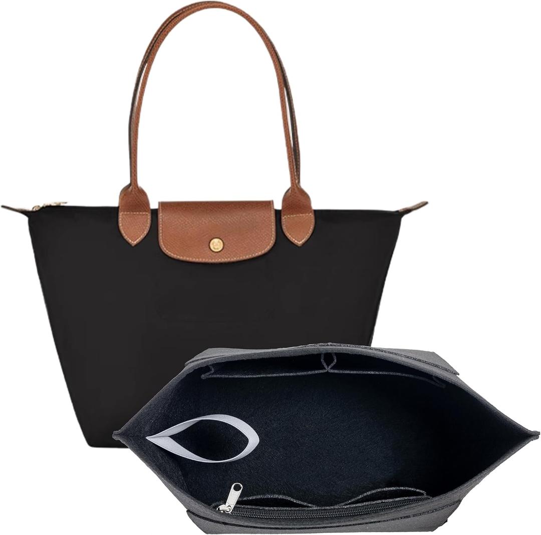 Purse Organizer Insert for Longchamp Le Pliage Tote Bag, Lightweight Felt Handbag Organizer with Cup Holder and Zipper Pocket, Compact Storage Insert for Totes and Handbags BLACK-M
