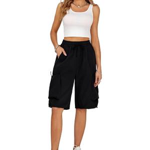 Cargo Shorts Women Y2K Baggy Knee Length Athletic with Pockets Hiking Waterproof Black Pants Men Summer Outfits (Black), Large