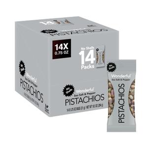 Wonderful Pistachios No Shells, Sea Salt & Pepper Flavored Nuts, 0.75 Ounce Bag (Pack of 14), Protein Snacks, Gluten Free, Bulk, On-the-Go, Individually Wrapped Healthy Snacks (EXP 09/23/26)