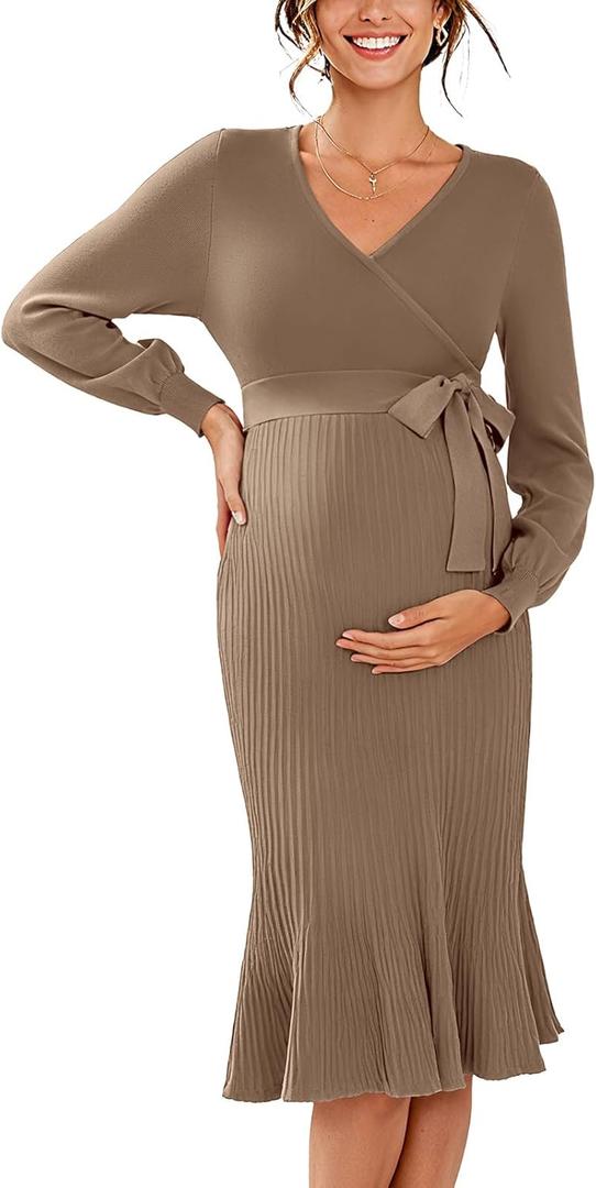 V FOR CITY Maternity Sweater Dress Baby Shower Party Wrap V Neck Tie Waist Knit Winter Dresses Tan Large