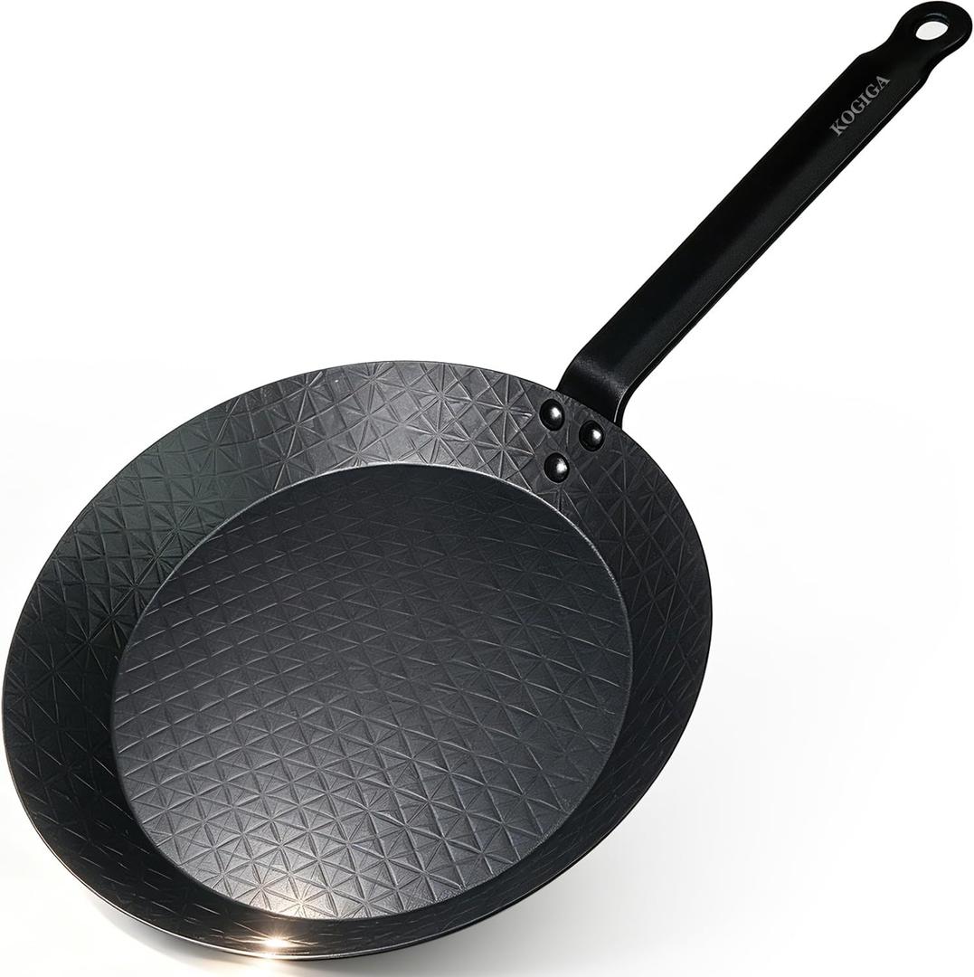 11 Inch Pre-Seasoned Carbon Steel Frying Pan, Naturally Non-Coated Skillet with Grooved Texture for Steak, Stir Fry, Tortilla, Crepe, All Stoves Compatible