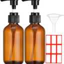 Fumete 2 Pack Glass Bottles 4oz Empty Refillable Liquid Containers with 1 Label 1 Funnel for Essential Oils Hair Travel Plants Cleaning Skin Care(Amber, Black Top,Pump Bottle)