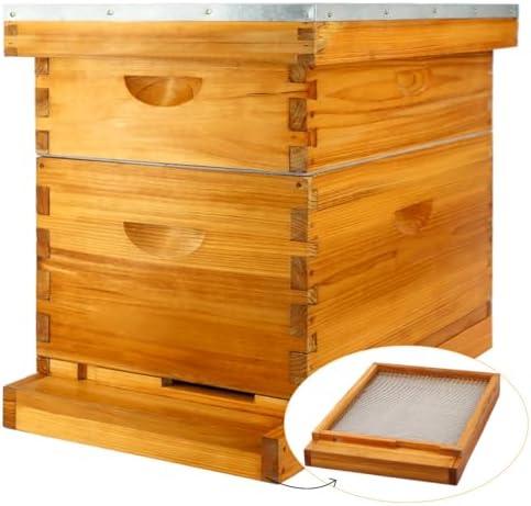 MayBee 8 Frame Screened Bottom Board Beehive Dipped in 100% Beeswax, Bee Hives Kit Includes 1 Deep Boxes & 1 Medium Hive Box with Beehive Frames and Wax Foundations. Preferred for Summer