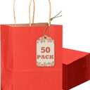 qiqee 50-Packs Gift Bag with Handles Bulk Kraft Red Paper Bags Multiple Uses (8.3"x3"x6"inch Small Size)