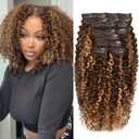 Highlight P4/27 Kinky Curly Clip Ins 12 Inch 110g 8pcs 3C 4A Curly Clip In Hair Extensions Real Human Hair Full Head for Women 100% Brazilian Remy Human Hair Extensions with 20 Clips #4/27