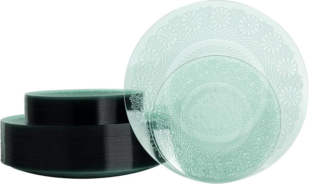 32 Pcs Transparent Green Plastic Plates, Elegant Floral Disposable Dessert Plates Combo Pack 7 inch Dessert Plate and 10 inch Dinner Plate, Fancy Green Dinnerware Set for Party, Wedding