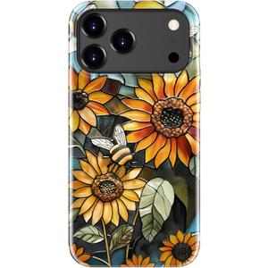 for iPhone 17 Pro Max Case - Wireless Charging Compatible - Dual-Layer Hard Shell + Silicone Cover - Shockproof Protective Phone Case with Stylish Designs for Women - Retro Sunflowers