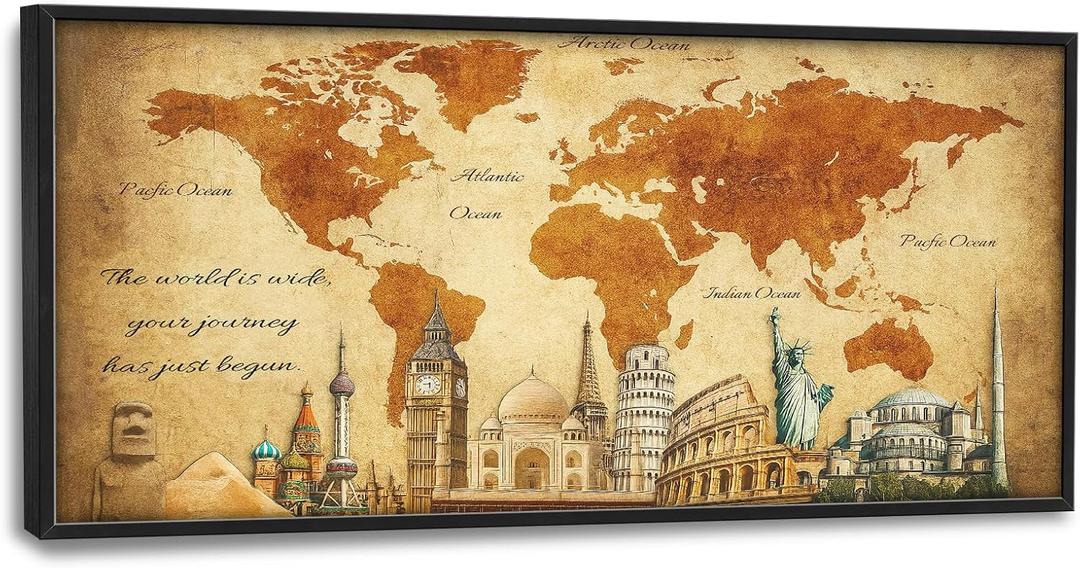 Large World Map Wall Art for Living Room Big Map Wall Decor Travel Cityscape Pictures Nautical Canvas Prints Painting Places of Interest Artwork Decoration for Bedroom Office Framed Gifts 30"x60"