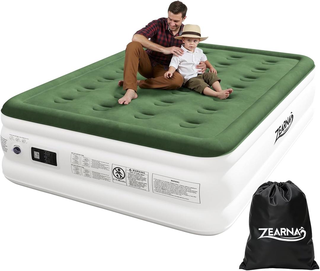 Full Size Air Mattress with Built in Pump, 18" Raised Comfort Air Bed, Upgraded Flocked Top Blow up Mattress with Carrying Bag, Inflatable Mattress for Guests & Home, AirBed, 650 lbs Max (Green)