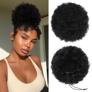 100% Human Hair Afro Puff Drawstring Ponytail for African Black Women GirlsAfro Kinky Curly Bun Extension Kinky Curly Short Extensions Hairpieces - 1B Natural Black Large Size - 1 PIECES
