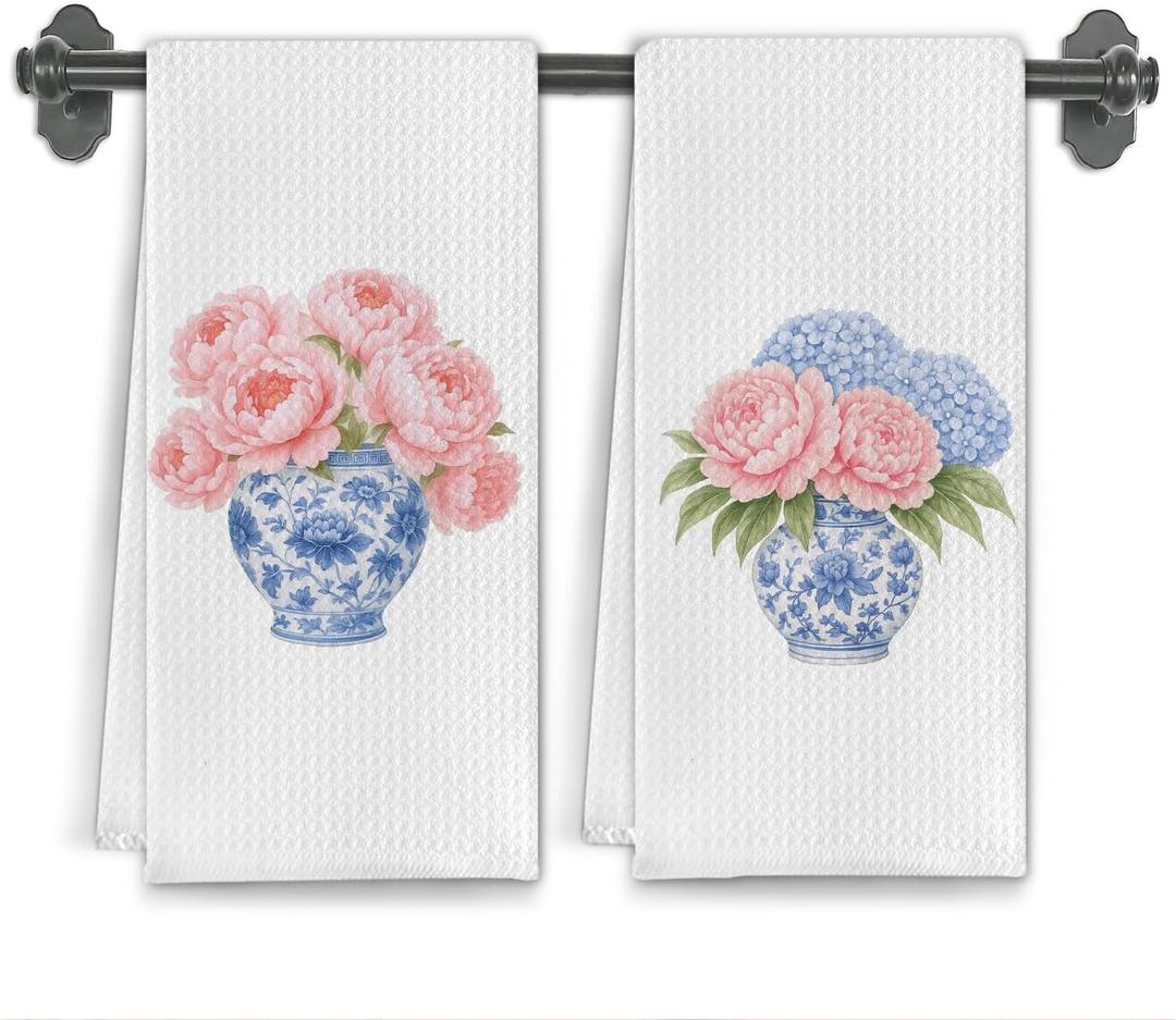 Chinoiserie Peony Hydrangea Kitchen Towels, Grandmillennial Floral Dish Tea Towels for Kitchen Decor, Blue and White Porcelain Flower Hand Towel for Bathroom Decor, 16x24 Inch Set of 2