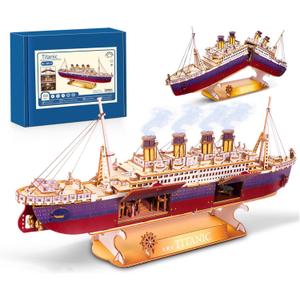 Vziimo Titanic 3D Puzzles for Adults, LED Titanic Metal Ship Model Building Kits for Home Desk Decor, 368 Pcs Wooden DIY Arts and Crafts Collection Gifts for Couples Women Kids 12 +
