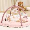 ANGELBLISS 5 in 1 Baby Play Gym Mat, Reversible Tummy Time Mat with 5 Sensory Toys for Stage-Based Developmental, Thick & Large Baby Activity Center from Newborn to Toddler (
Pink
)