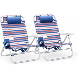 Old Bahama Bay 2 Pack 7-Position Lay-Flat Beach Chair, Lightweight Aluminum Frame Reclining Backpack Chair with Padded Headrest, Big Storage Bag, Heavy Duty Support for Tanning & Camping Stripe