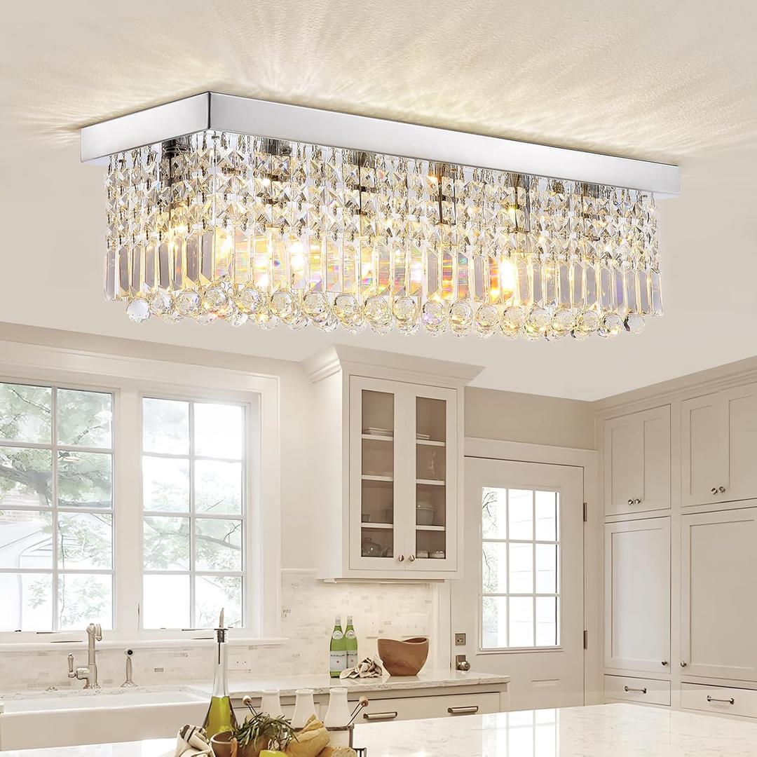 Modern Crystal Chandeliers for Dining Room Light Fixture, 6-Light Rectangle Chandelier Ceiling Light for Kitchen Island Living Room, L31.5 Inch, Chrome Finsh