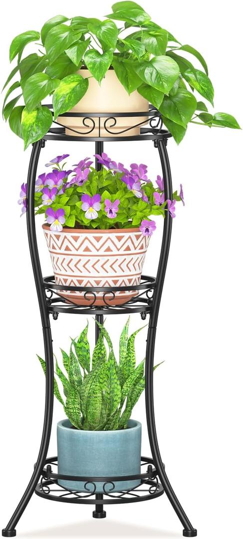 LASZOLA Black 3 Tier Tall Plant Stand for Indoor Outdoor, Large Multiple Level Flower Planter Holder Organizer Rack for Patio Office Bathroom Corner Floor, Sturdy Heavy Duty Metal, Vertical Display (26-34 inch)