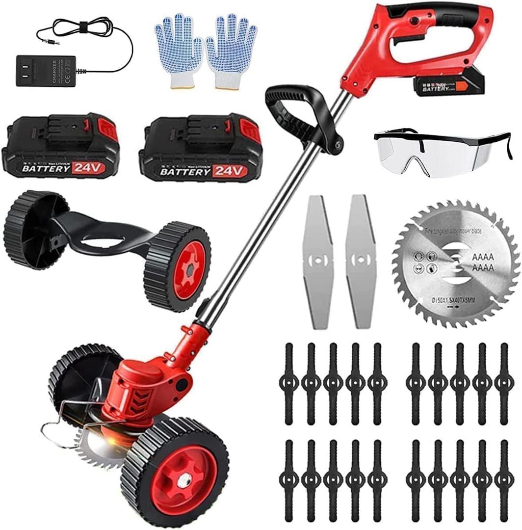 Electric Weed Wacker 3 in 1 Cordless Grass Trimmer/ Edger/ Brush Cutter/ Lightweight Stringless Electric Weed Battery Eater 24v Weed Trimmer with 3 Types Blades&Auxiliary Wheel for Yard and Garden