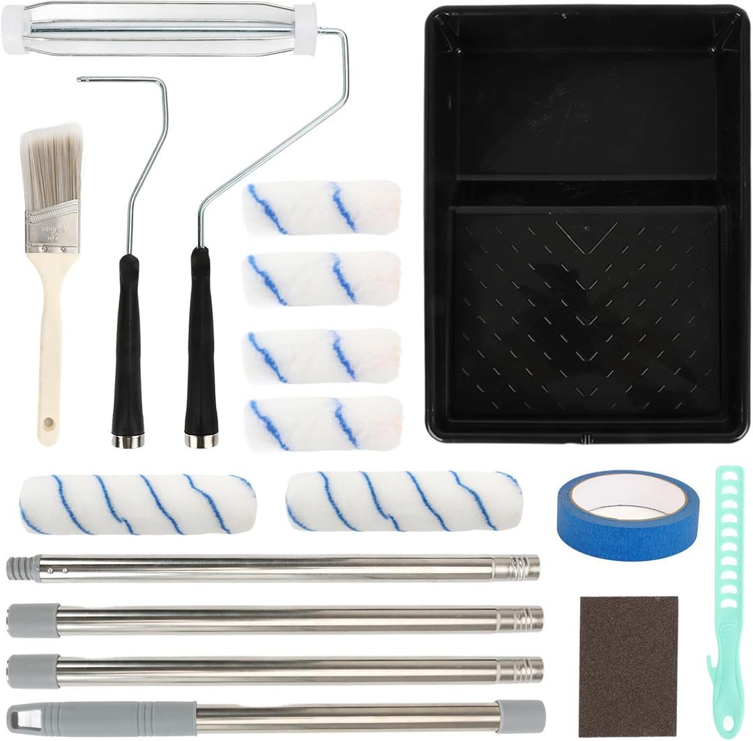 17 Pcs Paint Roller Kit with Long Extension Pole, Microfiber Paint Kit for House Painting - Paint Rollers 9 Inch, Mini Wall Paint Roller Covers, Paint Brush, Frame, Tray, Painters Tape, Sanding Block