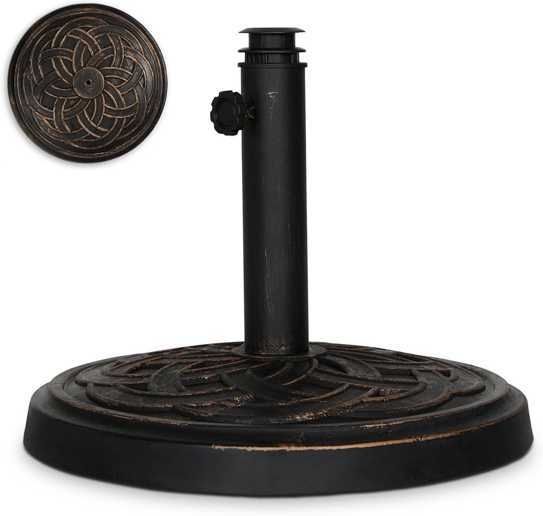 Backyard Expressions 26.5 lb Round Heavy Duty Patio Umbrella Base  Weather Resistant Calcium Carbonate Resin with Bronze Weave Design  Fits 1.5" to 2" Poles, Easy Assembly, UV & Fade Resistant