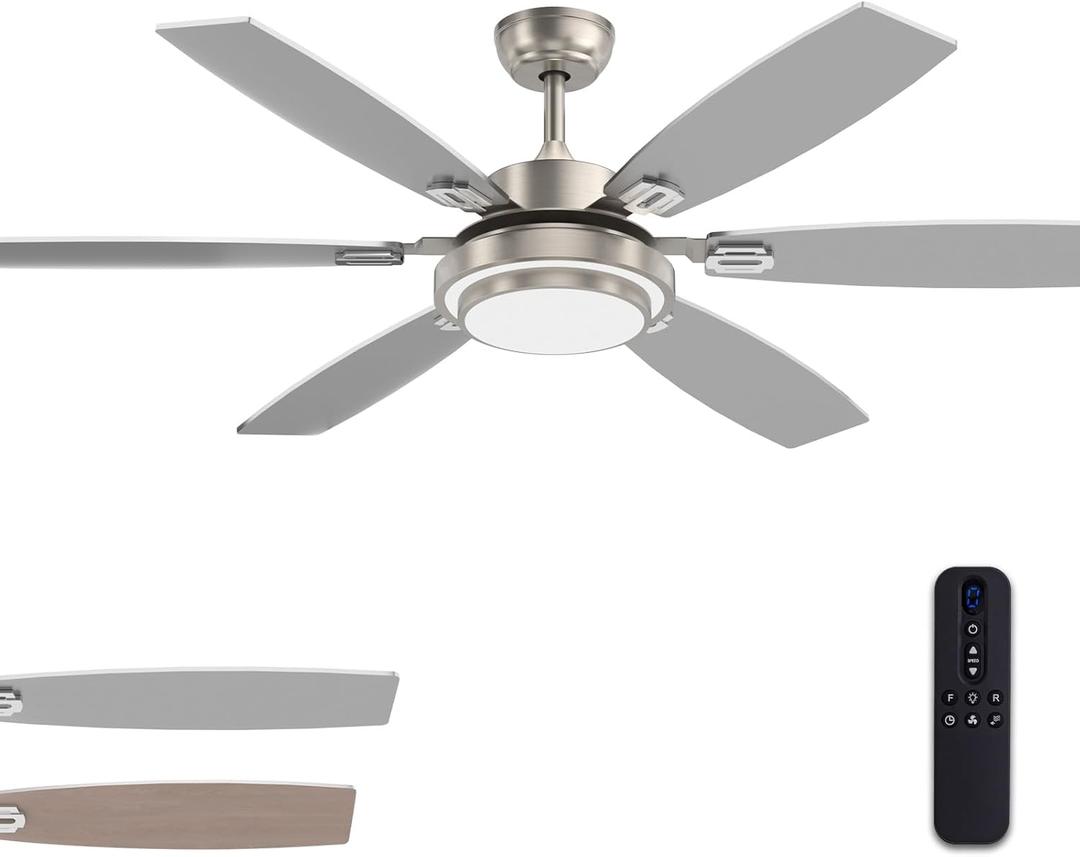 60 Inch Large Ceiling Fans with Lights and Remote Control for Living Room, Modern Nickel Ceiling Fan with Quiet Reversible DC Motor, Timer, 6 Speeds for Garage, Home Office, Outdoor Patio