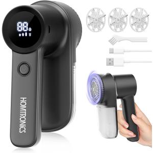 Rechargeable Fabric Shaver Lint Remover : 3-Speeds Sweater Shaver with LED Display & LED Light, Electric Lint Shaver for Clothing & Furniture, 3 Extra Blades, Type-C Fast Charging Port - Black