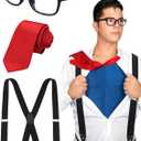 3 Pcs Halloween Classic Cinema Reporter Nerd Cosplay Accessories Set Include Black Nerd Glasses Red Solid Color Tie Formal Necktie Solid Suspender for Boys Men Cosplay Party Dress up