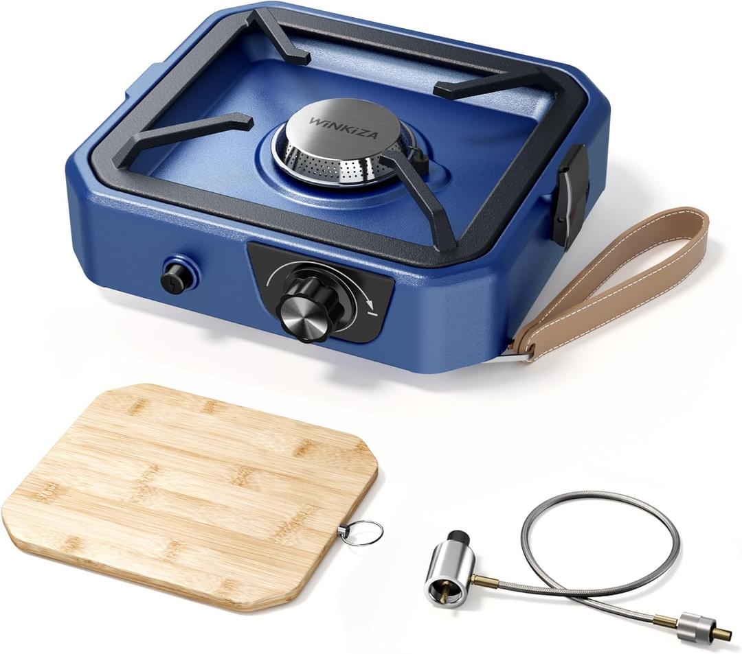 Upgraded Separate Ignition Needle WINKIZA Camping Stove with Cutting Board, Portable Propane Camp Stove with 8,000 BTU, Adjustable Burner with Piezo Ignition, Portable Gas Stove for Camping, BBQ