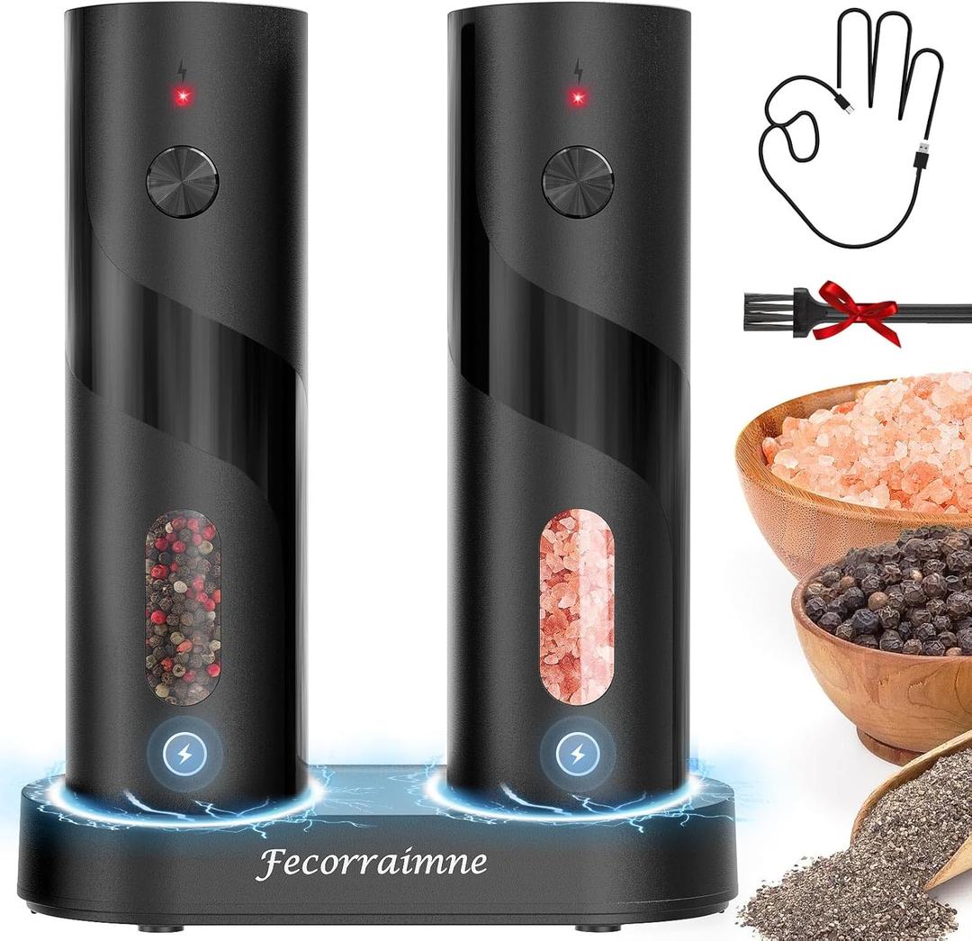 Electric Rechargeable Salt and Pepper Grinder Set Top-Refill Automatic Pepper Mill Grinder with Charging Base, Adjustable Coarseness, Easy Filling Larger Capacity with Led for Home Kitchen