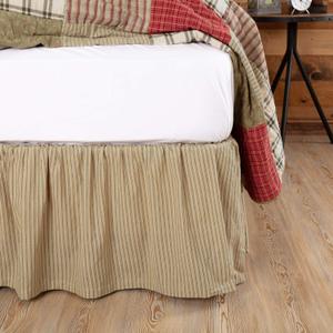 VHC Brands Prairie Winds Ticking Striped Cotton Farmhouse Split Corners Gathered Accessory, Queen Bed Skirt 60x80x16 (Sage, Khaki)