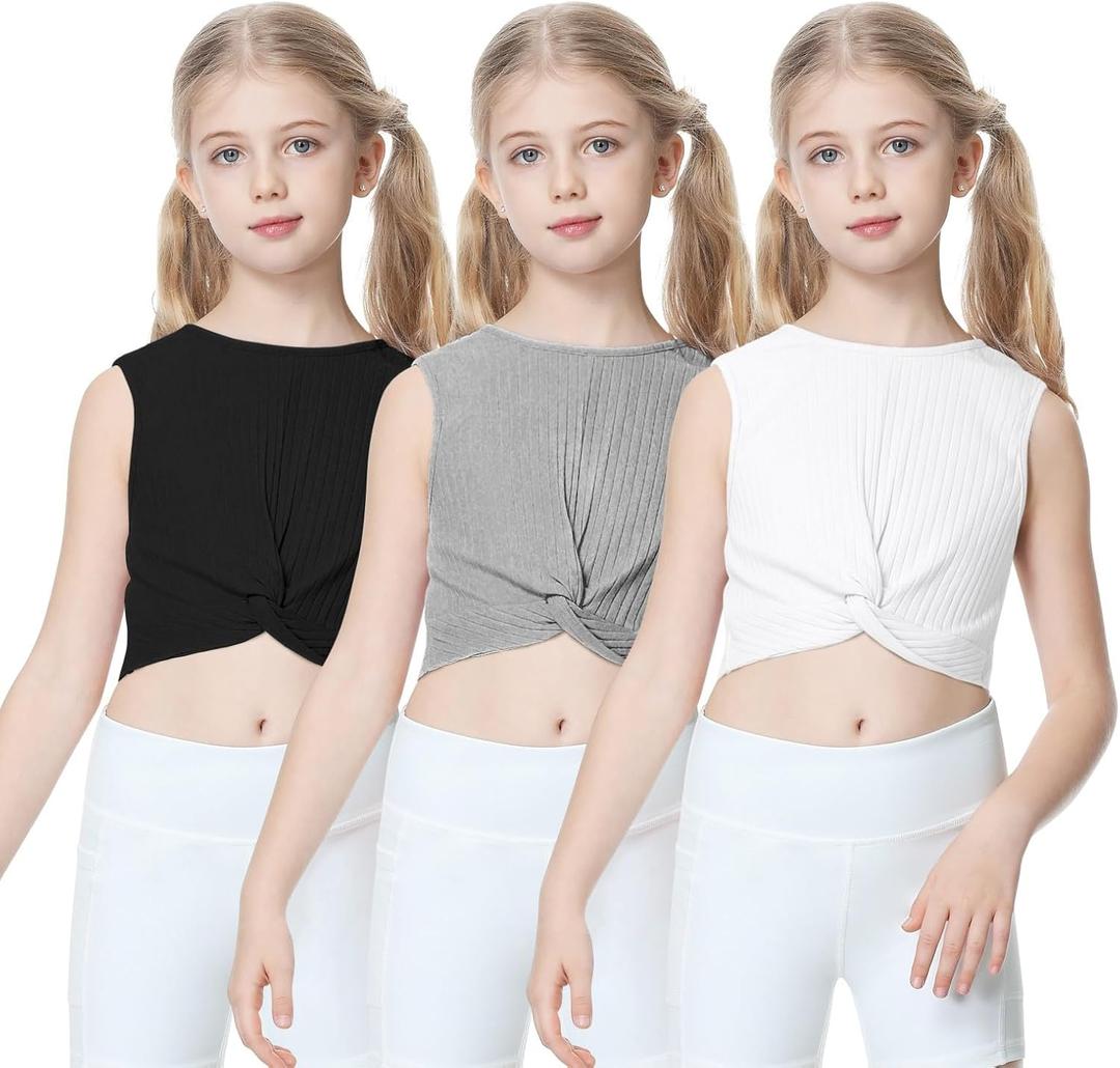 B&GCozy 3 Pack Sleevelss Crop Tops for Girls Kids Ribbed Knit Tank Tops Dance Yoga Top 6-15 Years (X-Small)