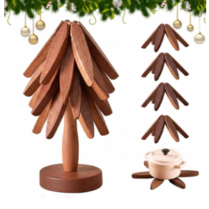 Wooden Trivets for Hot Dishes, Tree Shape Trivet Set, Foldable Kitchen Wooden Trivets, Tree Coaster for Hot Dishes , Pot, Bowl, teapot, hot Pot Holders (4 Piece-Walnut)