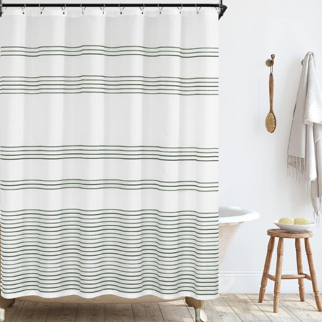 jinchan Extra Long Shower Curtain 84 Inch Length Green and White Modern Farmhouse Striped Waterproof Fabric Shower Curtains for Bathroom with 12 Hooks Machine Washable 70x84 Inches
