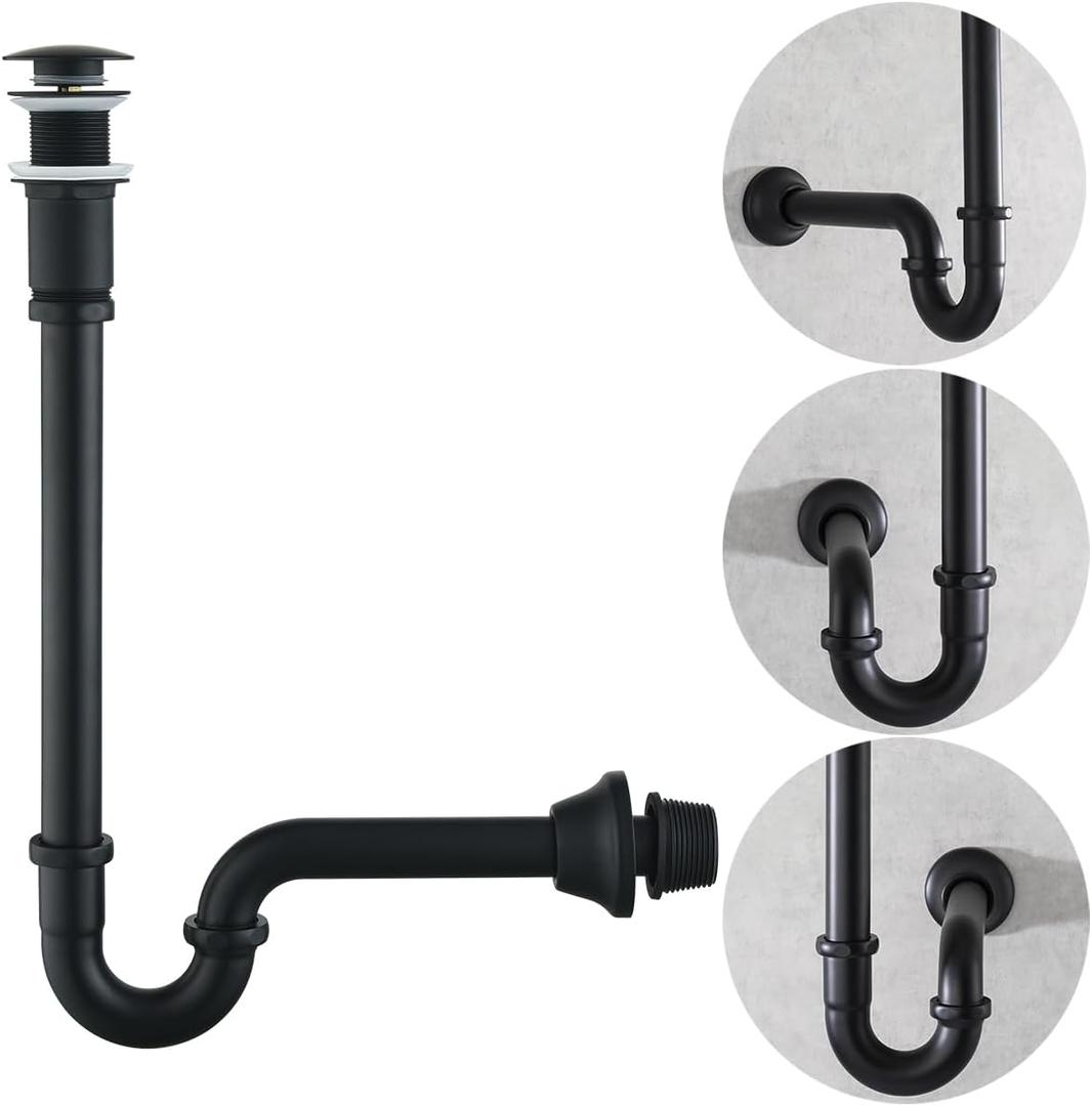 RANDOM Matte Black P Trap Bathroom Sink 1-1/4 inch U-Shape Sink Trap with Pop Up Drain Stopper Without Overflow,with Slip Joint Extension Tube,Adjustable Height Sink Waste Drain Bottle P-Trap Kit