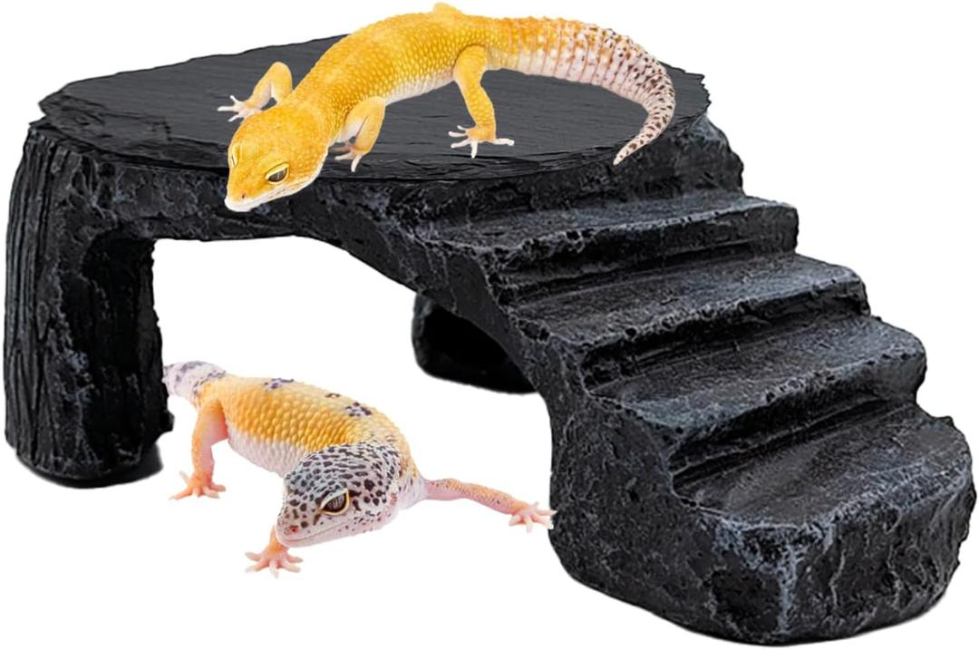 JWIZYOTR Bearded Dragon Basking Platform, Turtle Basking Platform Decorative Reptile Hideout with Rock Slate Plate in Terrarium for Lizard, Leopard, Crested Gecko (Medium-Grey)