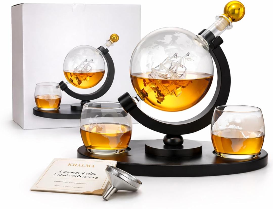 Whiskey Globe Decanter Set with 2 Glasses  850ml Globe Whiskey Decanter, Luxury Bourbon Gift Set for Men, Fathers Day, Anniversary & Home Bar Decor