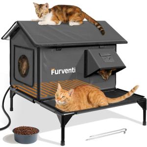 Heated Cat House for Outside,More Platform Space,Extremely Weatherproof & Insulated in Winter,Elevated Outdoor Cat Shelter with Eaves & Escape Door for Barn Feral Stray Cat(Dark Grey,Large) (24.4"L x 27.5"W x 24.8"H)
