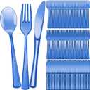 Minatee 150 Pieces Disposable Cutlery Set Plastic Silverware Heavy Duty Utensil Sets 50 Forks 50 Knives 50 Spoons for Home Office School Party Picnics Restaurant Outdoor Events(Blue)