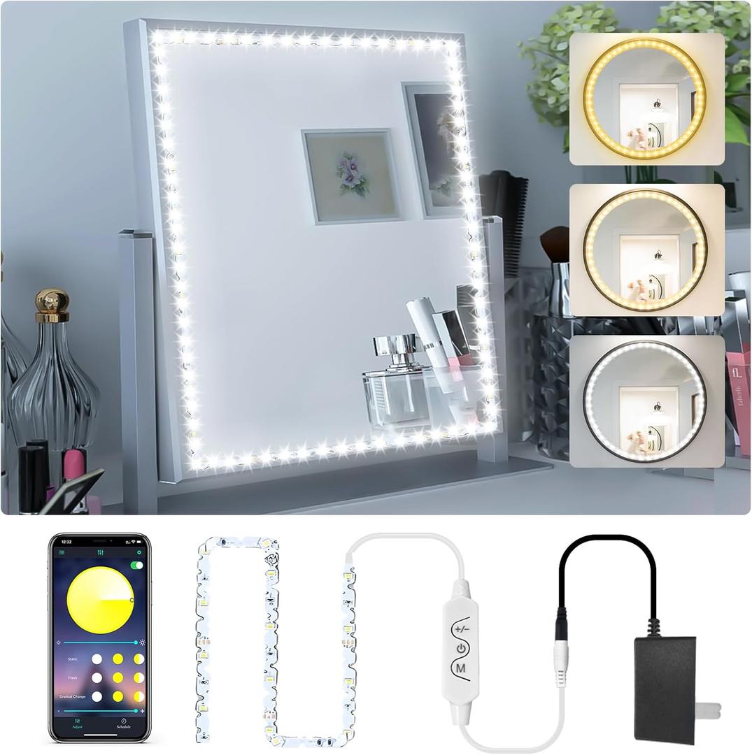 Daymeet LED Vanity Lights for Mirror,13ft Led Vanity Mirror Lights Kit Dimmable Color and Power Supply Brightness Lighting Fixture Strip Lights for Mirror APP Control for Makeup Vanity Table Bathroom