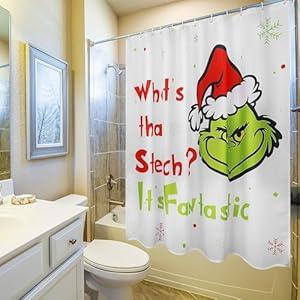 BROENO Christmas Shower Curtain with 12 Hooks for Bathroom, Shower Curtain Set Polyester Washable Holiday Winter Decor Christmas Decorations 72" x 72" (WhiteC)