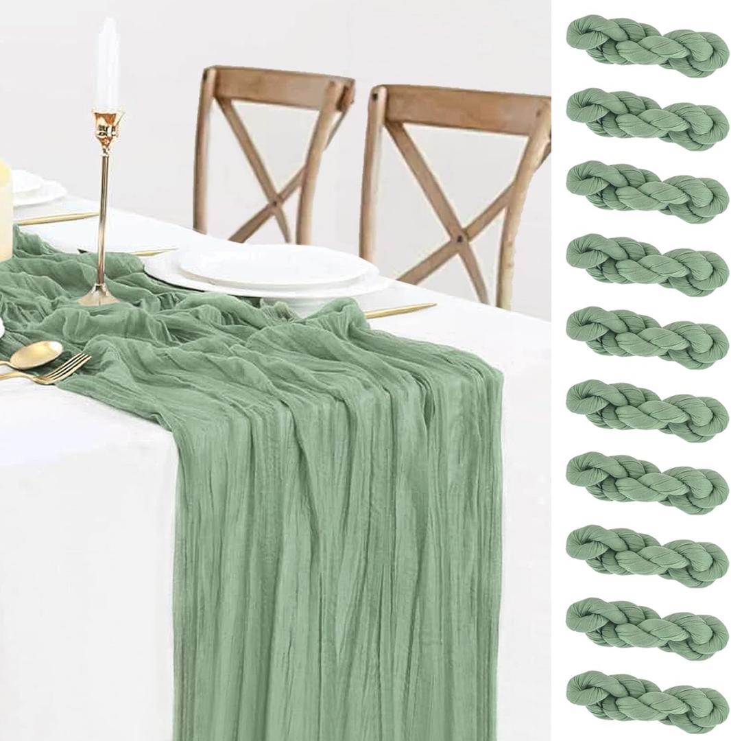10 Pack Sage Green Cheesecloth Table Runner 10FT Cheese Cloth Runner Boho Sheer Gauze Table Runner for Baby Shower Birthday Party Summer Wedding Table Decorations