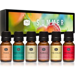 P&J Trading Summer Set of 6 Fragrance Oils - Peach, Strawberry, Plumeria, Coconut, Ocean Breeze, Pina Colada Candle Scents, Soapmaking, Diffuser Oil