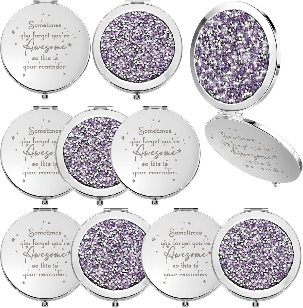 Roowest 10 Pcs Inspirational Compact Mirror Sometimes You Forget You're Awesome Appreciation Gifts for Women Employee Coworker Friends Birthday Party Favors Magnifying Pocket Mirror (Light Purple)