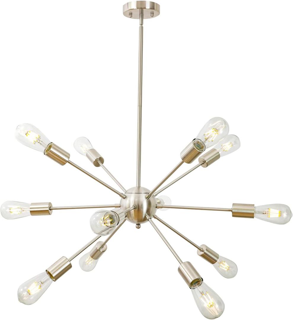 BONLICHT Sputnik Chandelier 12 Lights Brushed Nickel Modern Pendant Lighting Mid Century Flush Mount Ceiling Light Fixture Adjustable Height for Kitchen Dining Room Living Room Bedroom Foyer