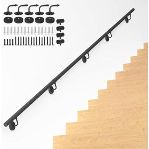 12FT Industrial Metal Stair Handrail, Round Pipe Stair Railing for Indoor/ Outdoor Steps, Wall Mount Support Staircase Handrails, 440LBS Load Capacity Hand Rails, Safety Grab Bar Porch Stairway Railing