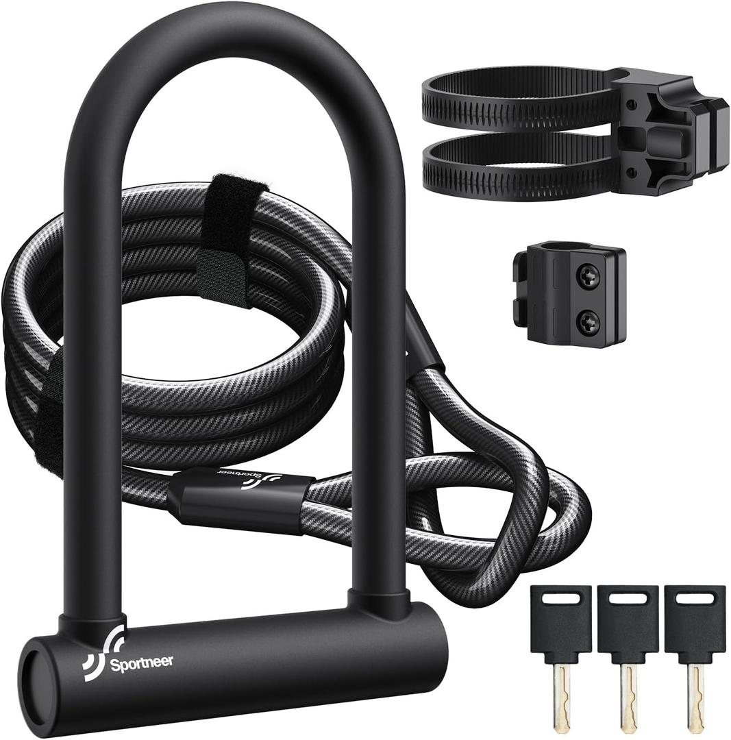 Sportneer Bike U Lock - 18mm Shackle Heavy Duty Bike Lock with 6ft Security Cable - Bicycle U-Locks with Sturdy Mounting Bracket for Road, Mountain, Electric and Folding Bike, Size 9.85''x6.3''