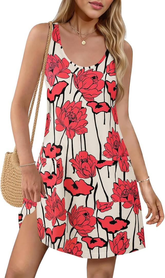 Wenrine Womens Summer Dresses Casual Floral V Neck Sleeveless Loose Boho Beach Tank Dress Sundress with Pockets (Small, Red)