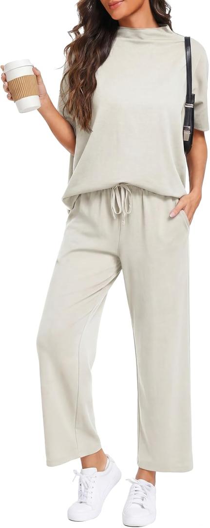 PrinStory Womens Lounge Set Summer 2 Piece Outfits Pullover Top and Wide Leg Pants Matching Sets 2026 M