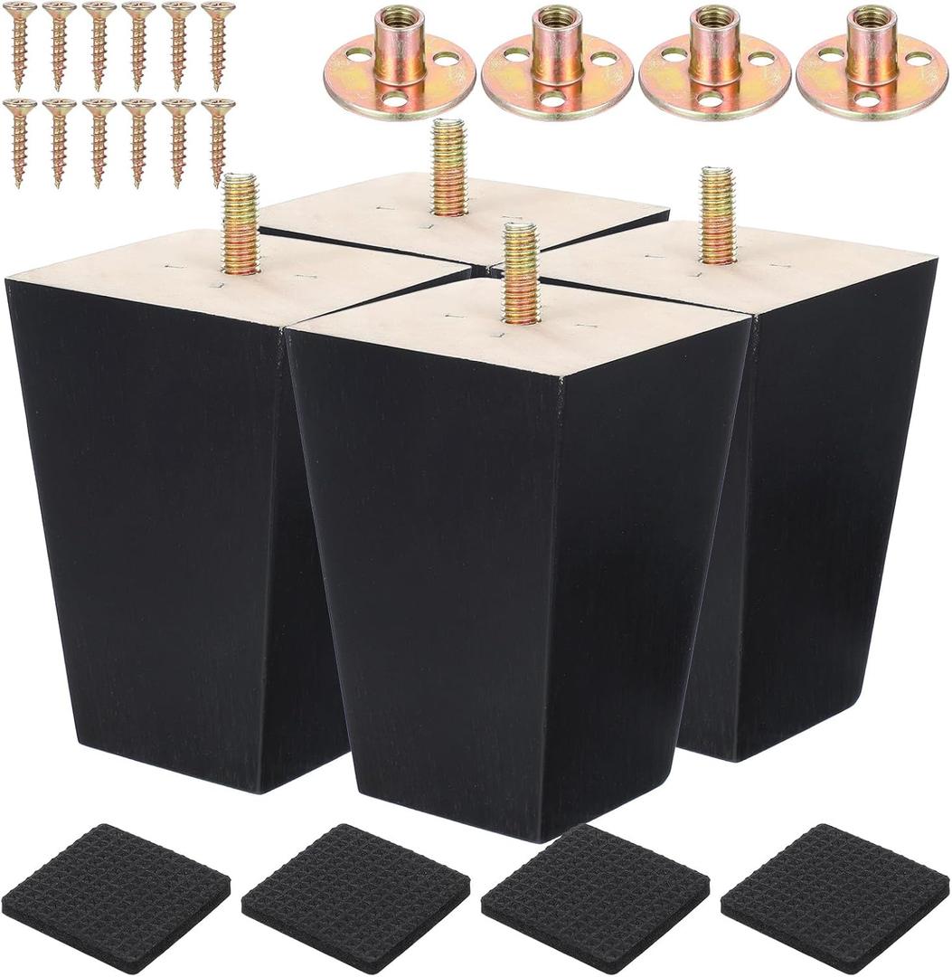 4 Pcs 4 inch Wood Furniture Legs - Square Sofa Legs, Couch Leg -Black Mid-Century Modern Replacement Legs for Armchair Recliner Coffee Table Dresser (4")