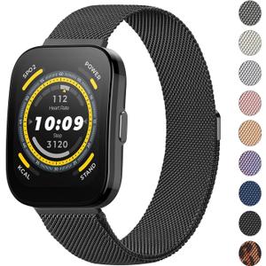 AK Metal Band for Amazfit Bip 5 / GTR 4 Bands - 22mm Stainless Steel Mesh Loop Magnetic Strap for Women & Men (Black)